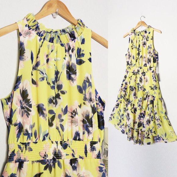 NEW Eliza J Floral Asymmetric Tiered Dress Plus 18 Citrus Yellow Halter - Picture 5 of 16